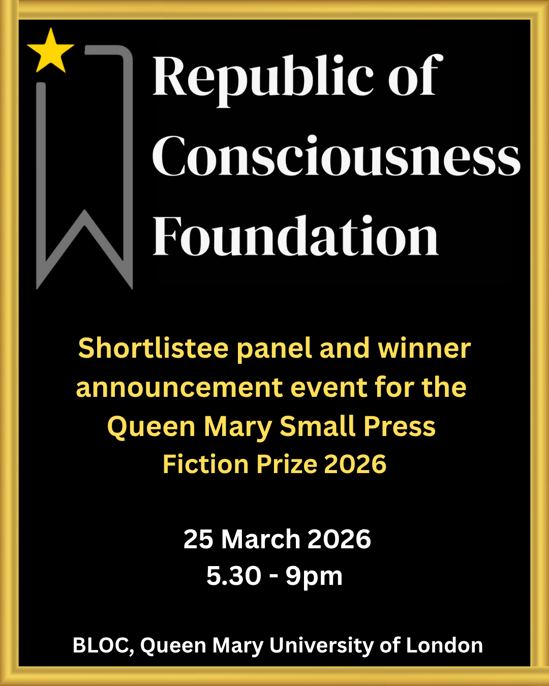 Shortlistee panel and winner announcement event for the Queen Mary Small Press Fiction Prize 2026